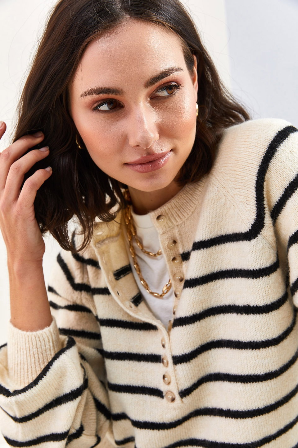 Women's Buttoned Collar Turtleneck Striped Knitwear Sweater
