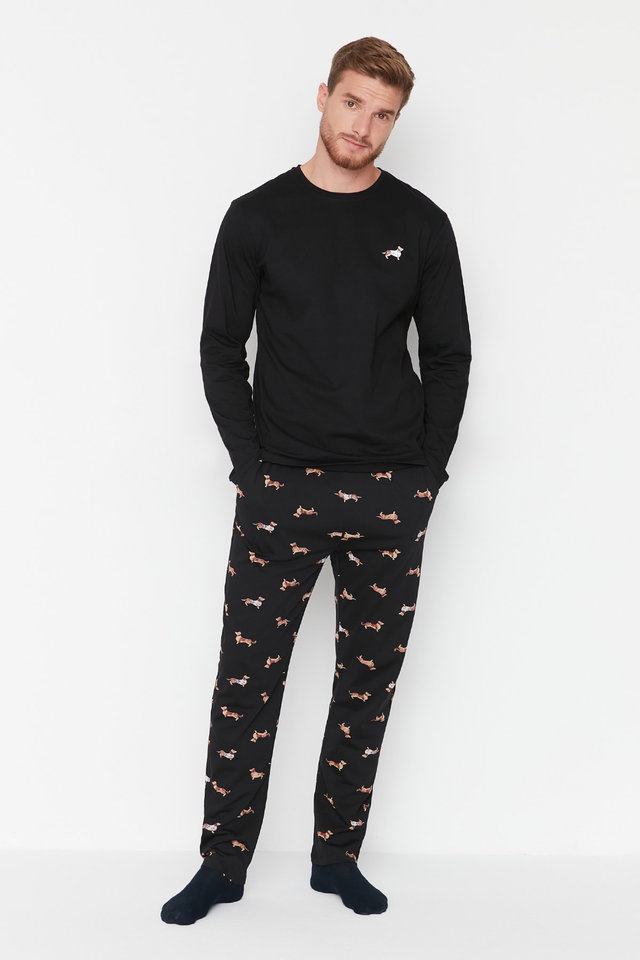 Black - Black 100% Cotton Regular Fit Animal Patterned Knit 100% Cotton Pajama Set TMNAW23PT00157