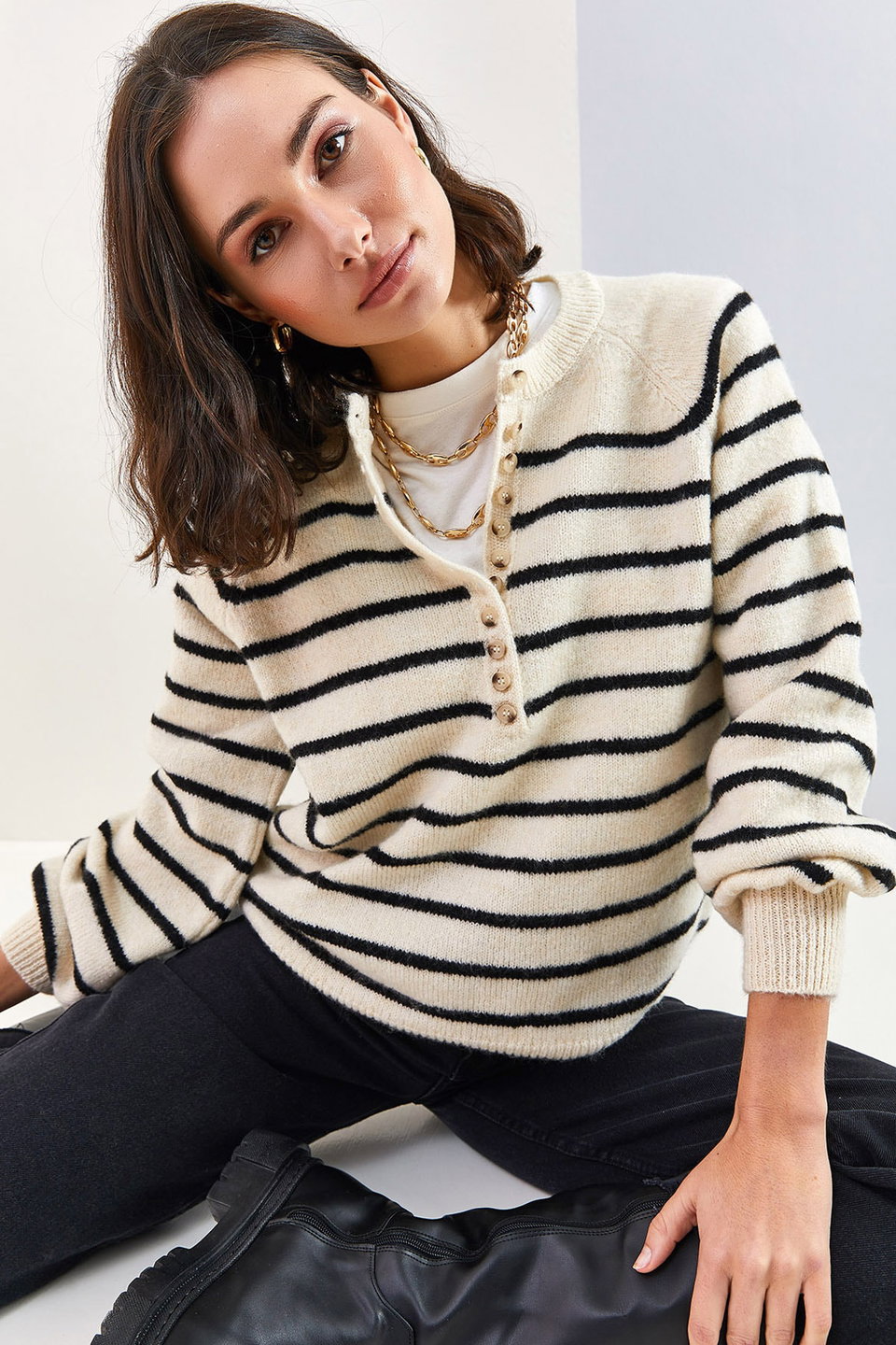 Women's Buttoned Collar Turtleneck Striped Knitwear Sweater