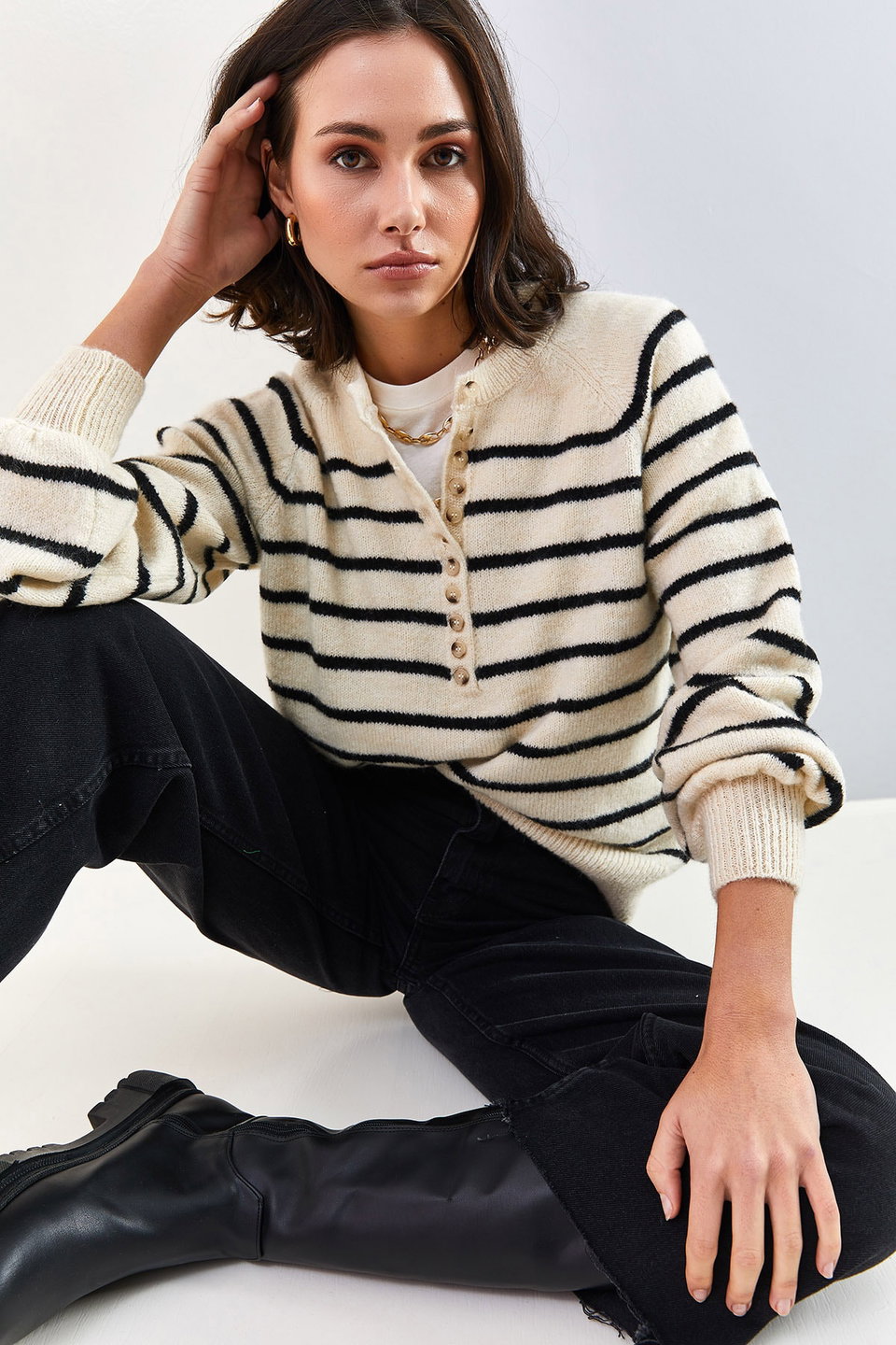 Women's Buttoned Collar Turtleneck Striped Knitwear Sweater