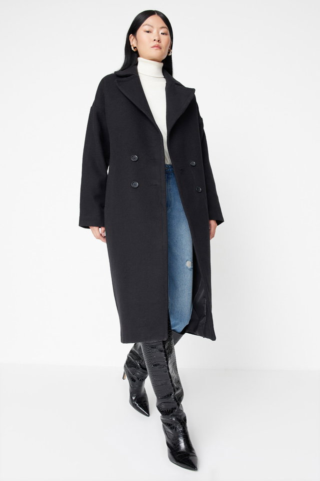 Black - Anthracite Oversize Wide Cut Long Wool Cachet Coat TWOAW21KB0038