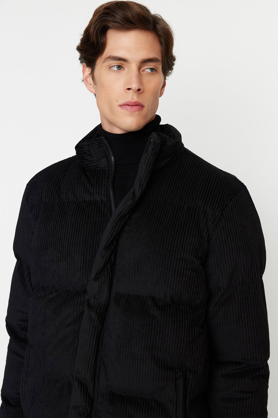 Regular Fit Stand Collar Corduroy Puffer Winter Coat TMNAW22MO0182