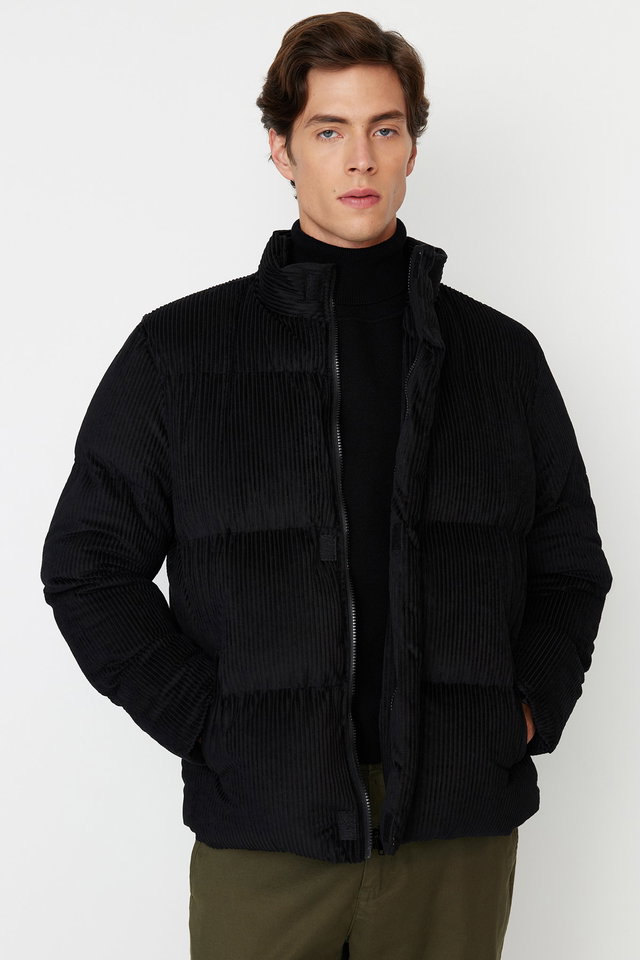 Black - Black Regular Fit Stand Collar Corduroy Puffer Winter Coat TMNAW22MO0182