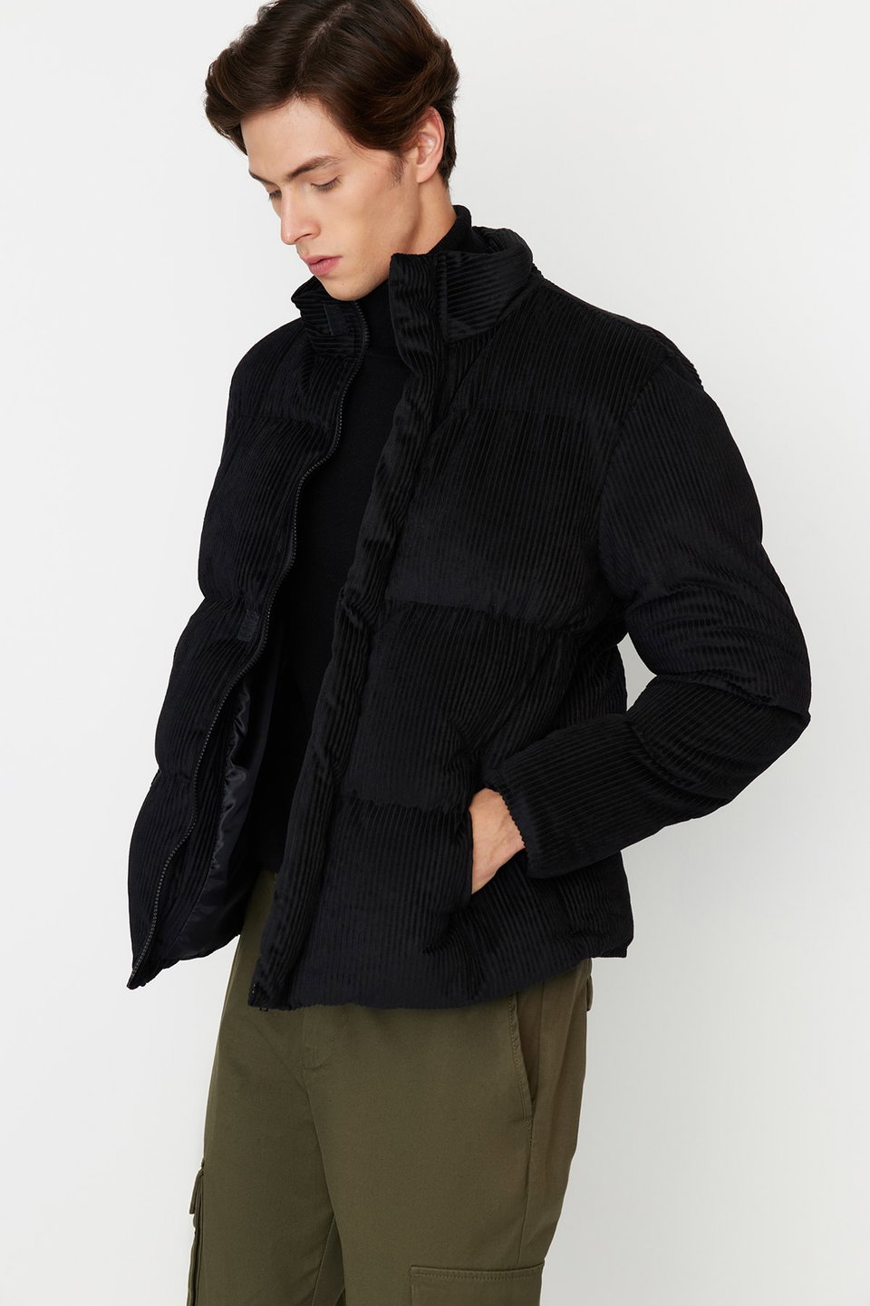 Regular Fit Stand Collar Corduroy Puffer Winter Coat TMNAW22MO0182
