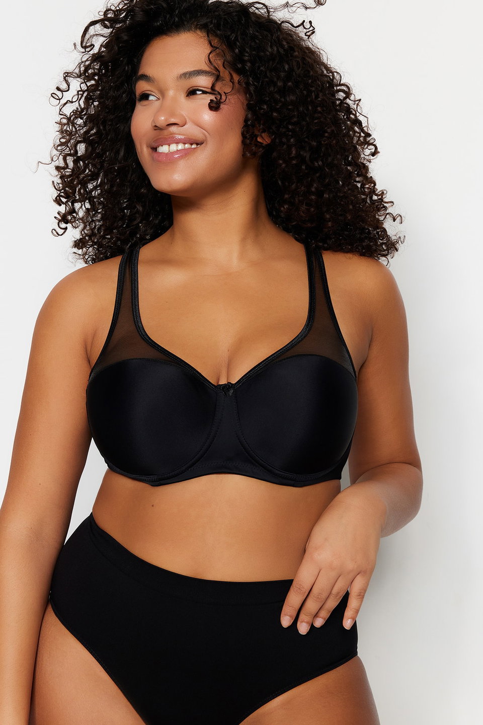 Fixed Cup Underwire Mesh Detailed Gathering Ironable Plus Size Bra Tbbaw23Cw00004