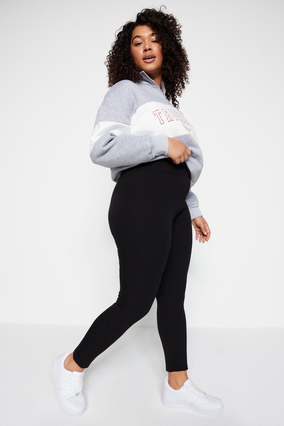 High Waist Polar Fleece Ribbed Knit Plus Size Leggings TBBAW23BV00017