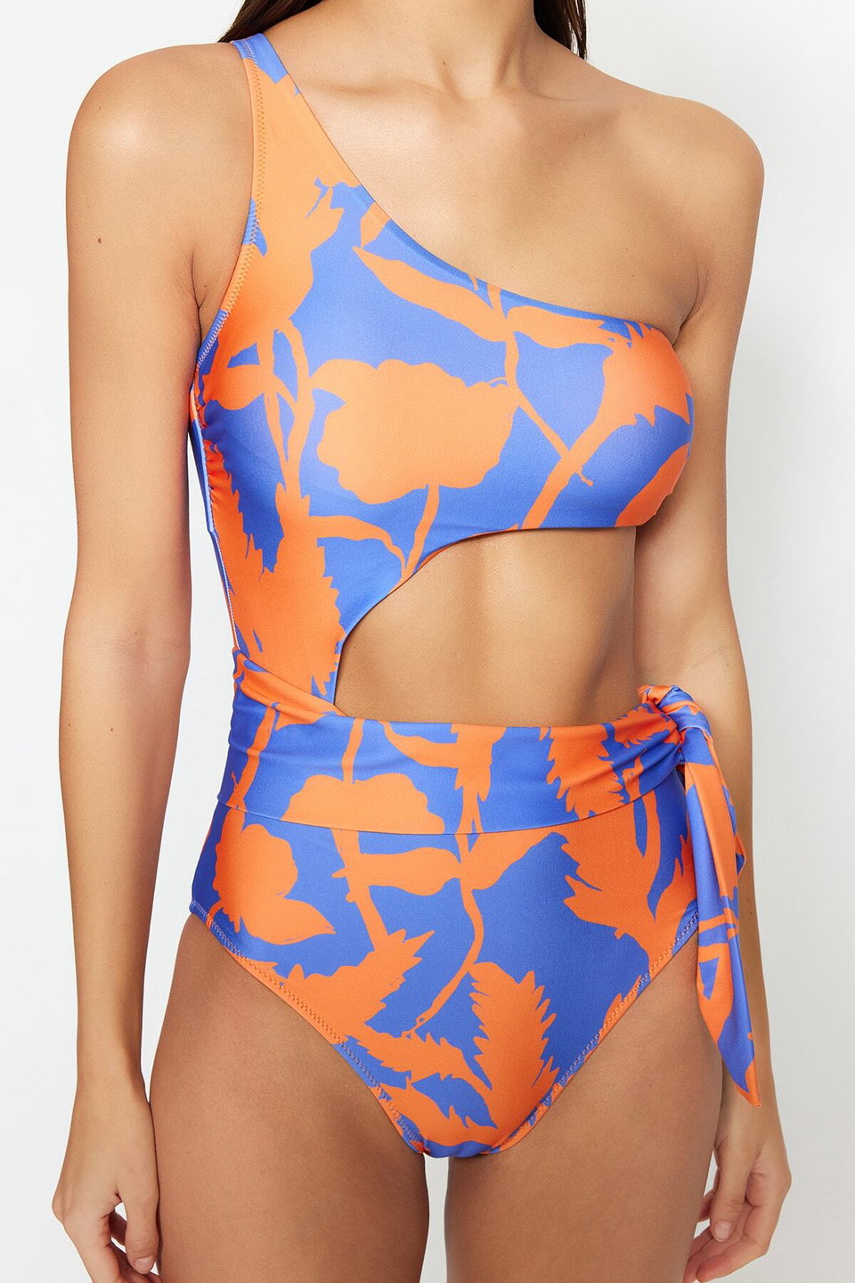 Tropical Patterned One Shoulder Cut Out/Windowed Regular Swimsuit TBESS22MA0197