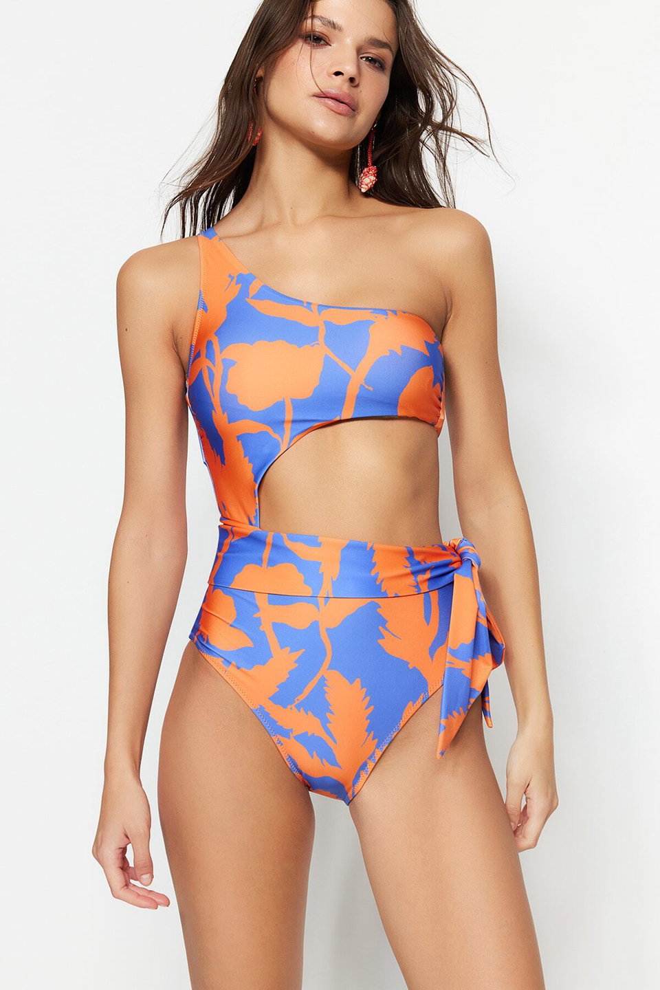 Tropical Patterned One Shoulder Cut Out/Windowed Regular Swimsuit TBESS22MA0197