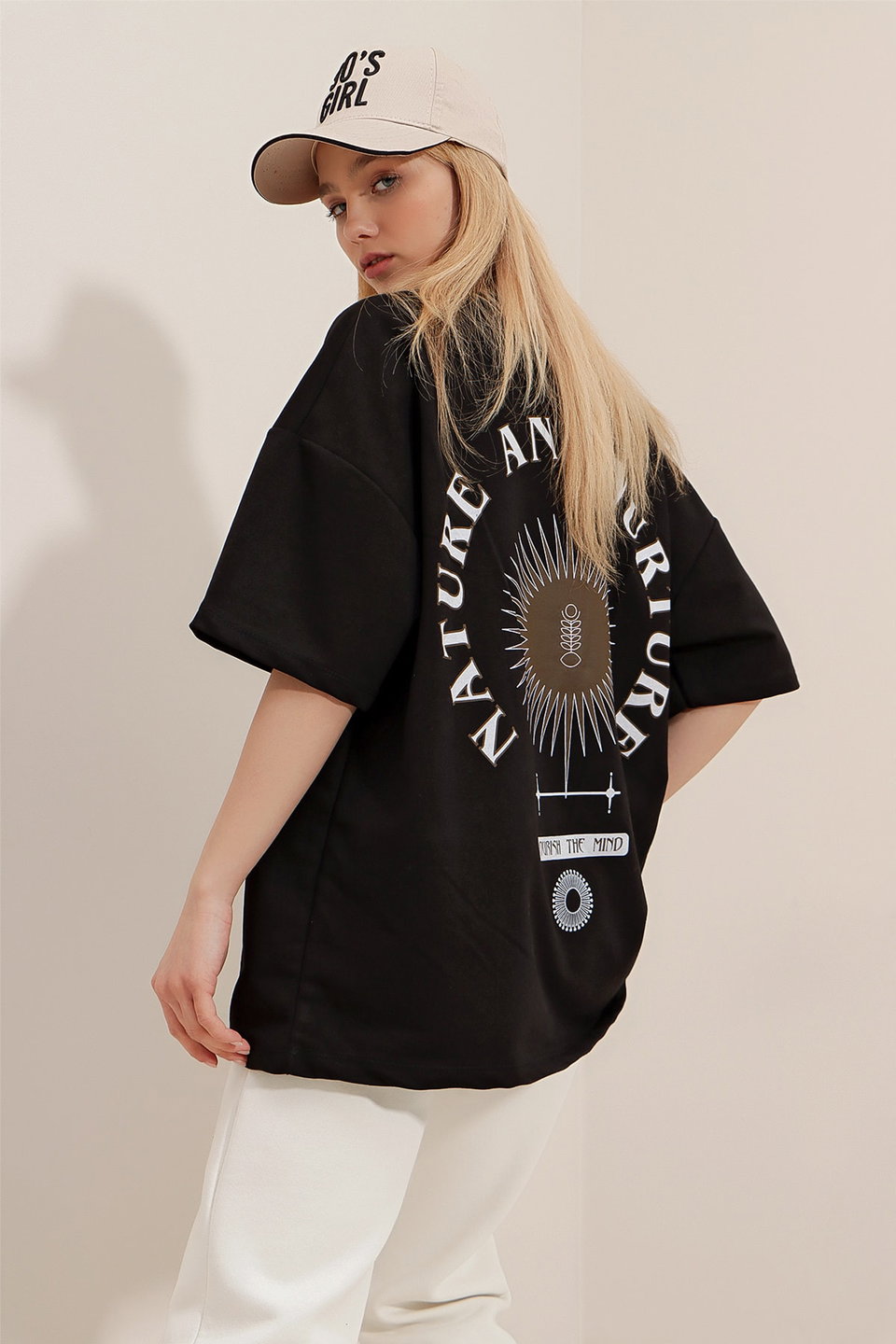 Women's Crew Neck Printed Oversize Unisex T-Shirt ALC-X9577