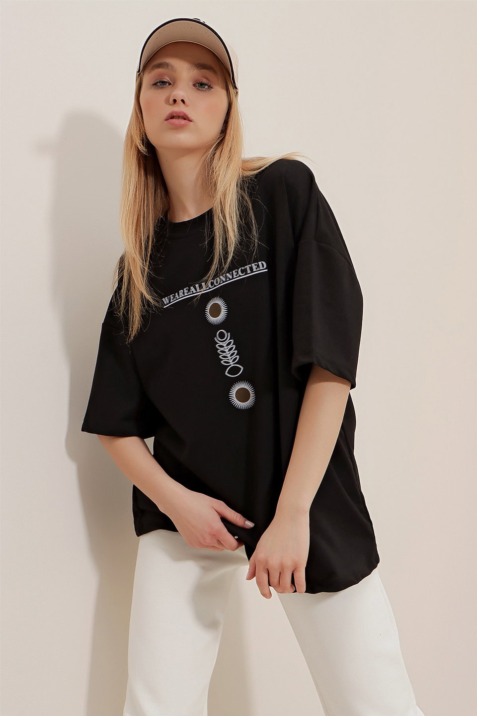 Women's Crew Neck Printed Oversize Unisex T-Shirt ALC-X9577