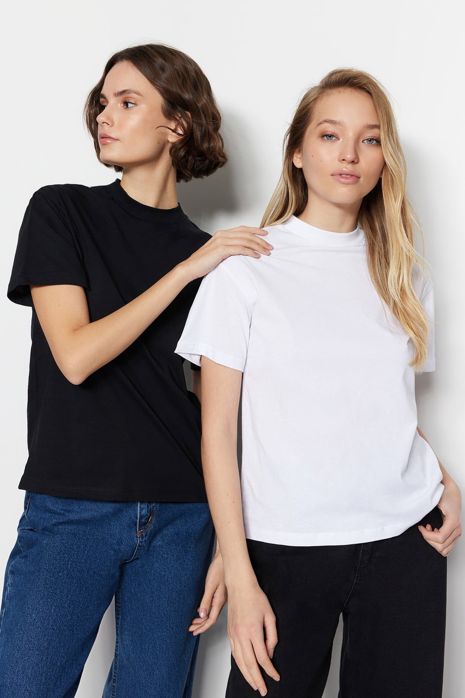 Oil 2 Pack 100% Cotton Basic Stand Collar Knitted T-Shirt TWOSS20TS1500