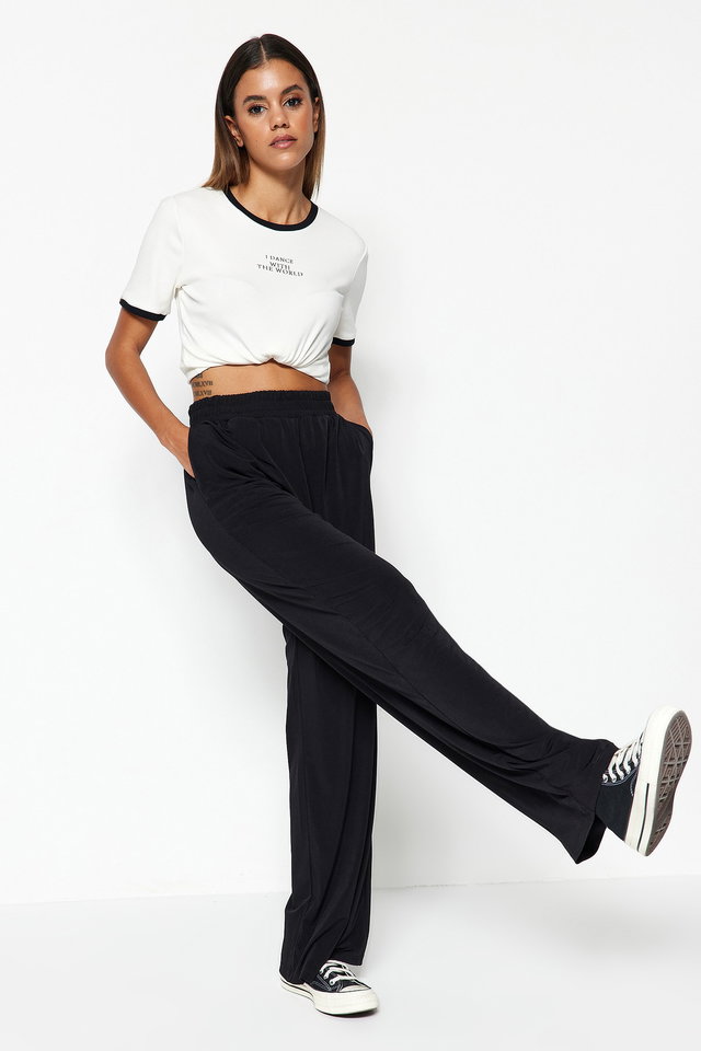 Black - Indigo Wide Leg/Wide Leg High Waist Flexible Knitted Pants TWOSS23PL00129