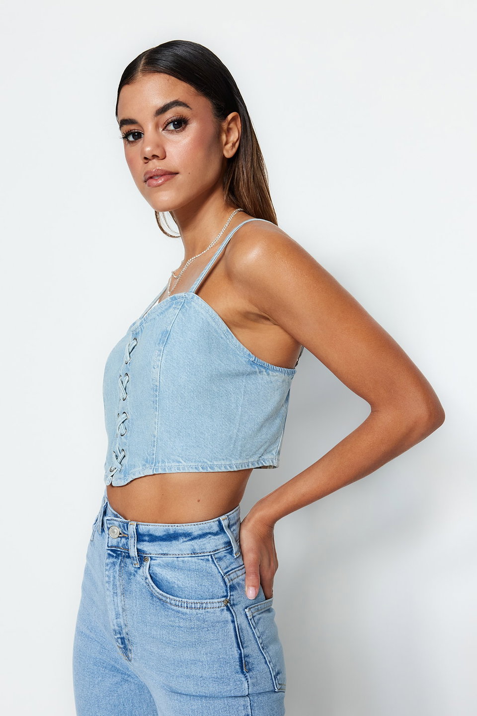 Bird Eye Tie Detail Sweetheart Neck Fitted Crop Denim Bustier TWOSS23BS00010