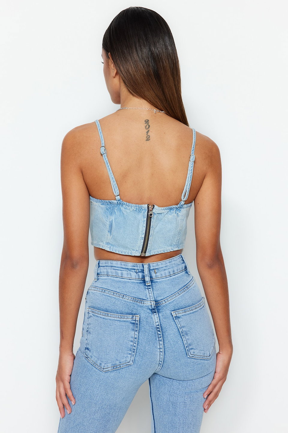 Bird Eye Tie Detail Sweetheart Neck Fitted Crop Denim Bustier TWOSS23BS00010