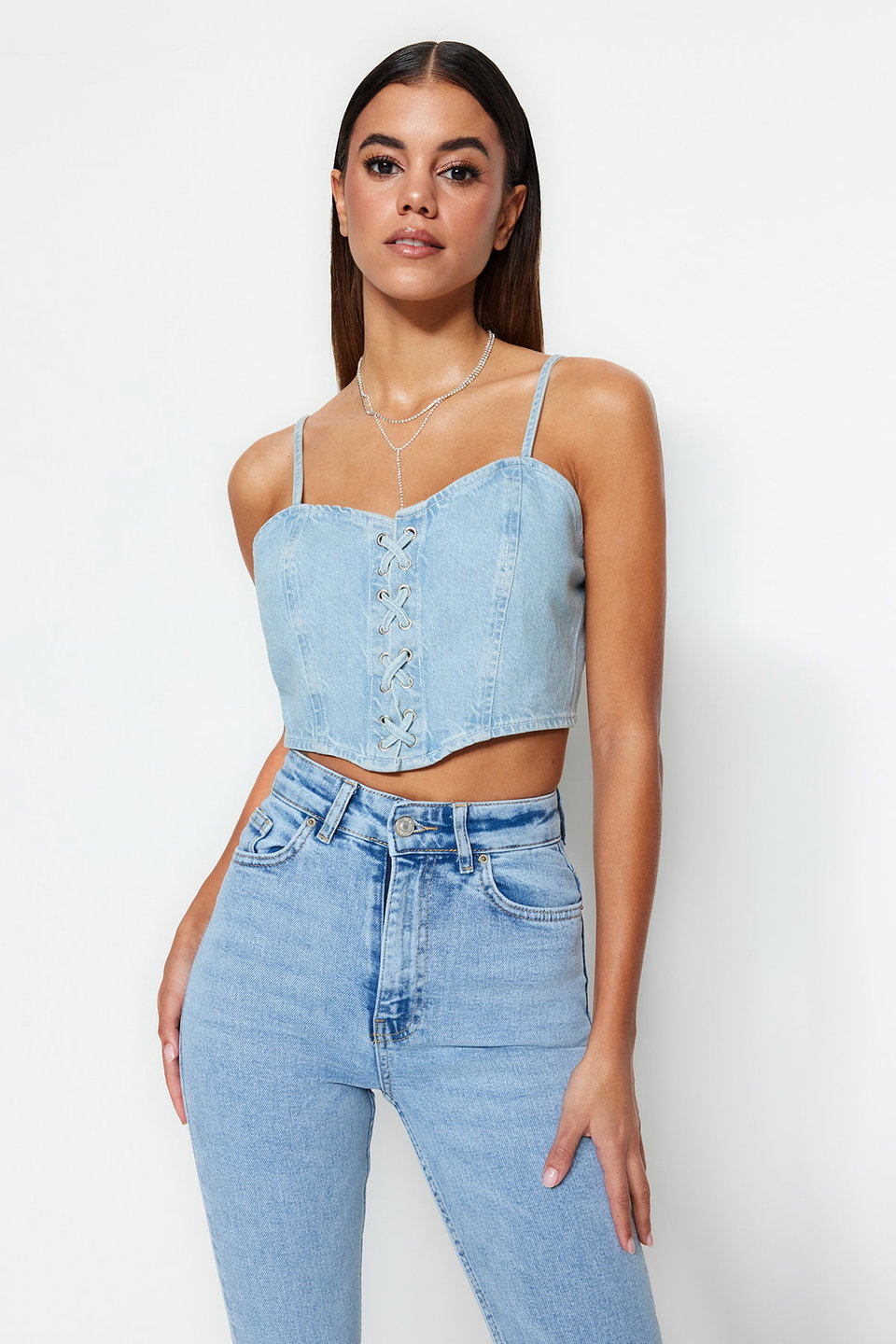 Bird Eye Tie Detail Sweetheart Neck Fitted Crop Denim Bustier TWOSS23BS00010