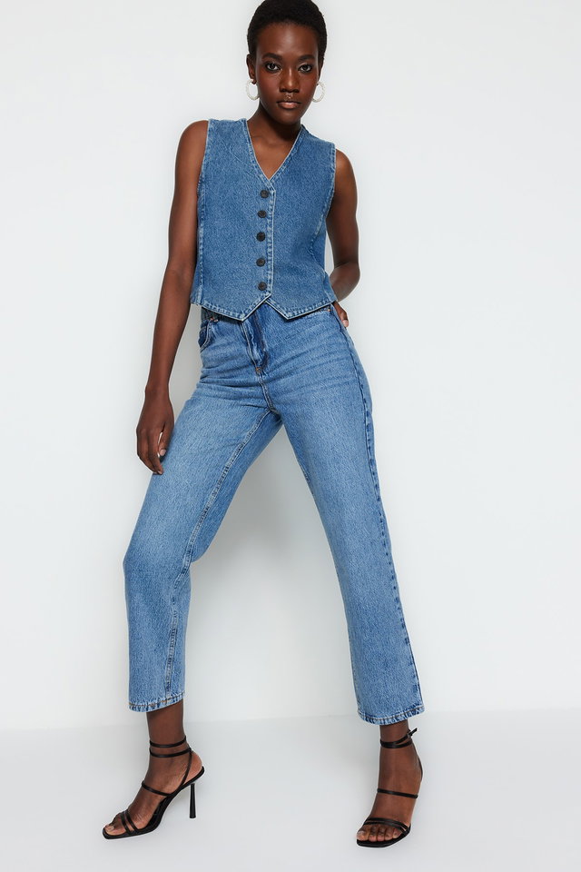 Blue - Black High Waist Straight Cut Straight Jeans Twoss23Je00089