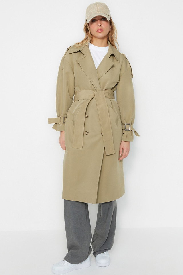 Light Khaki - Mink Belted Windbreaker Detailed, Water-repellent Long Trench Coat TWOSS21EN0005