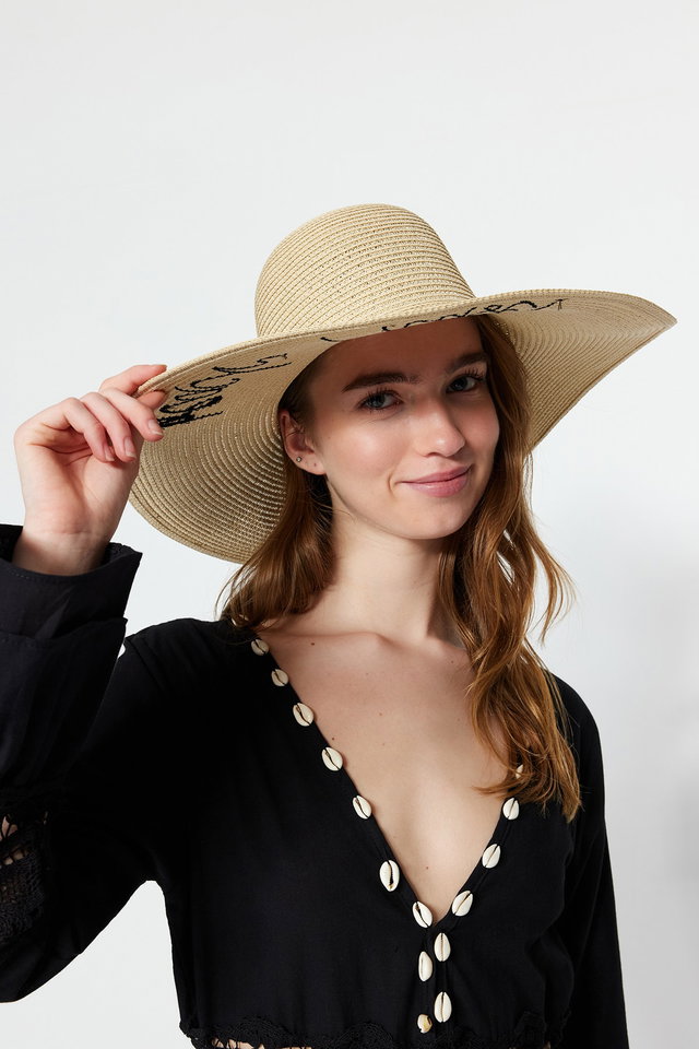 Beige - Beige Slogan Detailed Straw Women's Hat TWOSS23SP00014