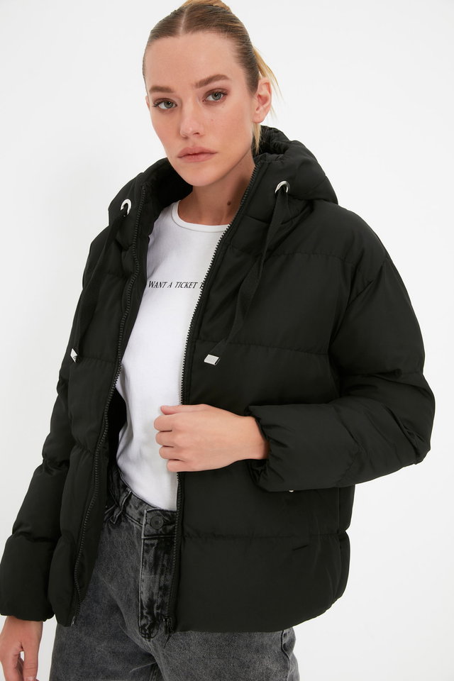 Black - Black Hooded Rugular Mould Water Repellent Inflatable Coat Twoaw21Mo0022
