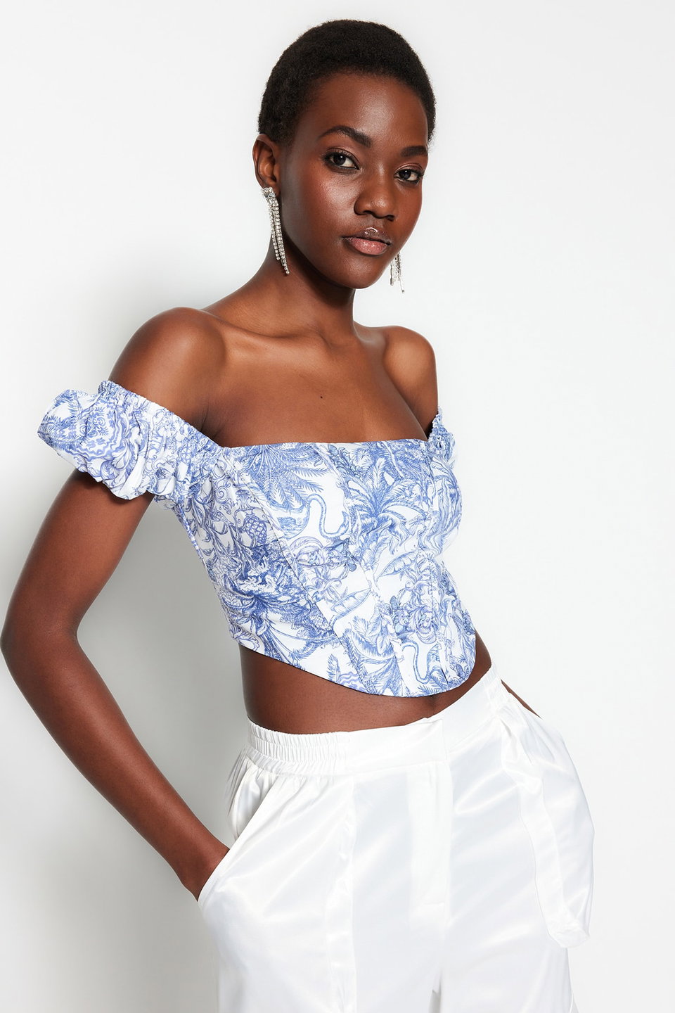 Multicolored Crop Lined Corset Detailed Floral Patterned Woven Poplin Bustier TPRSS23BS00063