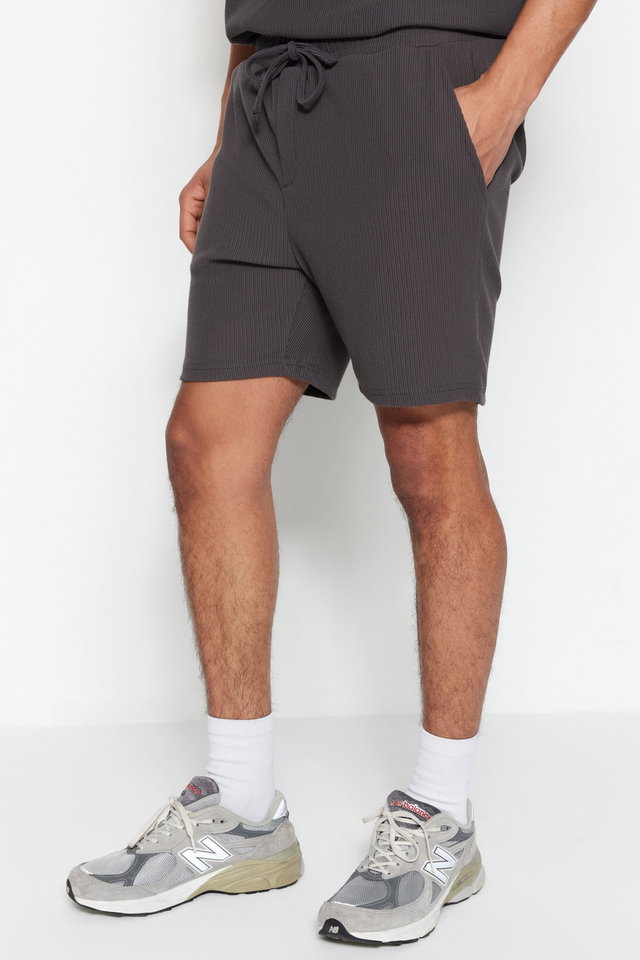 Smoked - Gray Regular Cut Medium Length Corded Textured Shorts TMNSS23SR00039