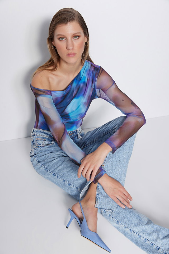 Blue - Blue Patterned Tulle Back Sheer Transparent Fitted/Sticky Snaps Knitted Bodysuit TWOSS23BD00024