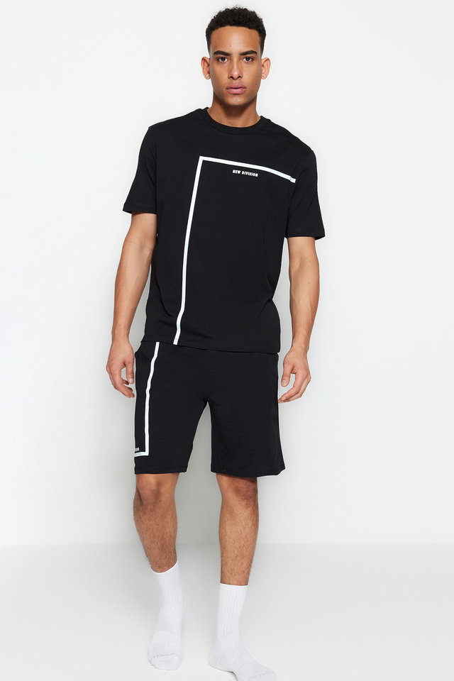 Black - Gray Regular Fit Crew Neck Printed Shorts Pajamas Set TMNSS23PT00017