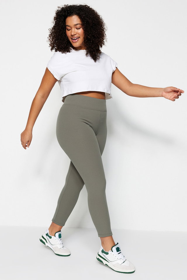 Khaki - Khaki High Waist Polar Fleece Ribbed Knit Plus Size Leggings TBBAW23BV00017