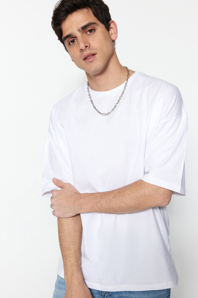 White - Black Oversize/Wide Cut Basic 100% Cotton T-Shirt TMNSS22TS0318
