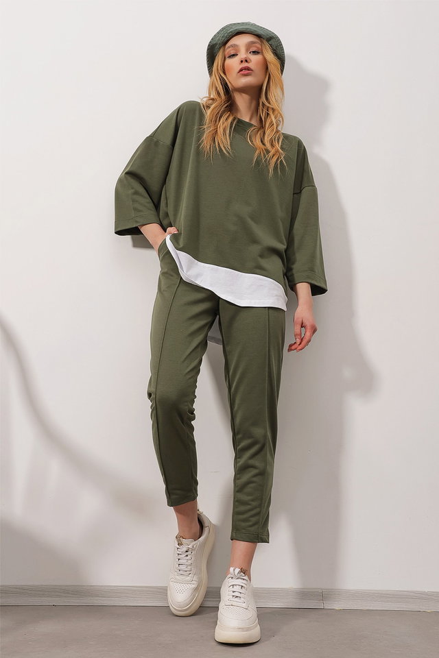 Khaki - Women's Blue Wide Collar Elastic Waist Double Pocket Front Stitched Two Thread Bottom Top Set ALC-X8175