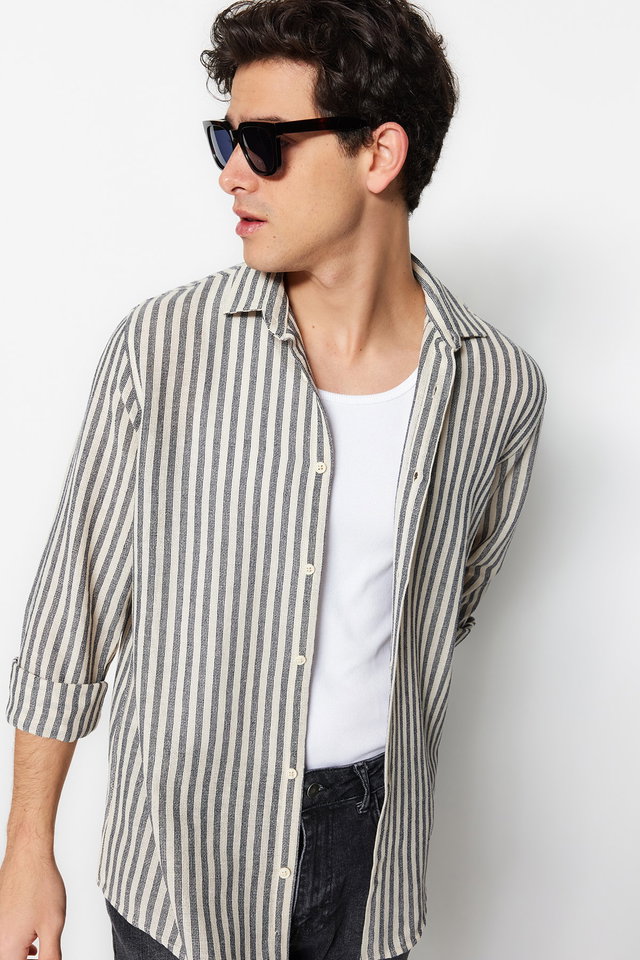 Navy blue - Premium Navy Blue Regular Fit Striped Textured Linen Look Shirt TMNSS23GO00062