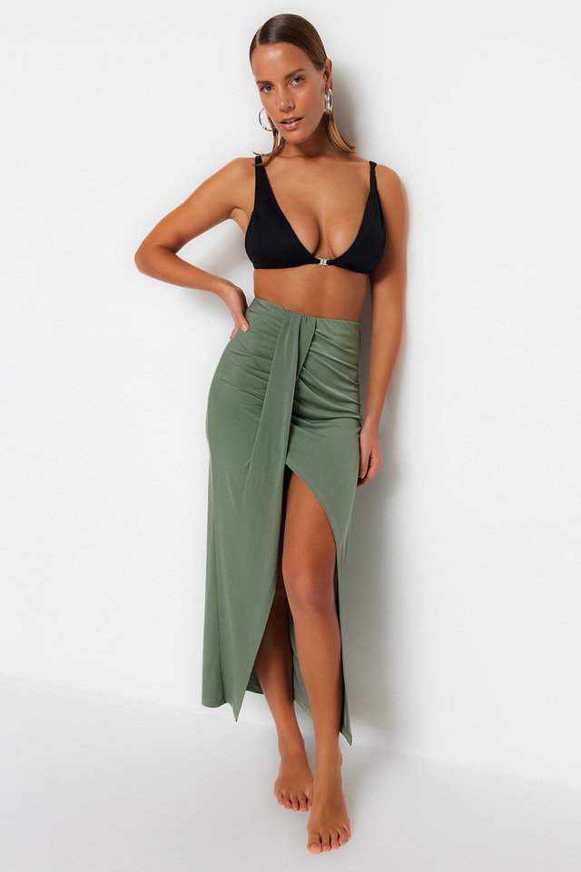 Khaki - Khaki Body-fitting Maxi Knitted Slit Beach Skirt TBESS23ET00021