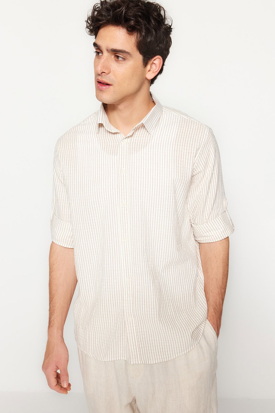Camel Limited Edition Regular Fit Linen Blend Striped Shirt TMNSS23GO00134