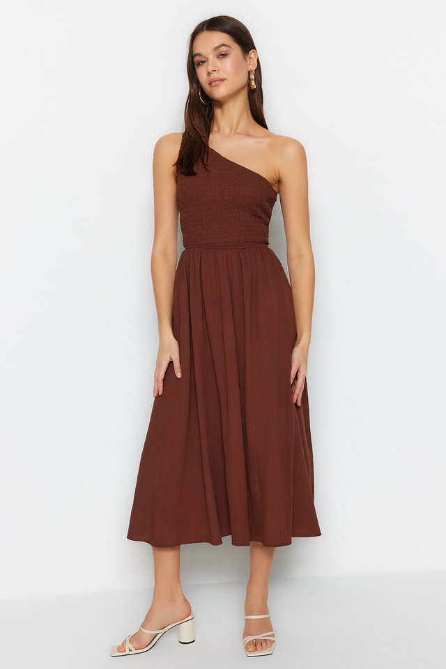 Brown - Brown Waist Opening Top Size Gipeli One Shoulder Midi Woven Dress TWOSS23EL01830
