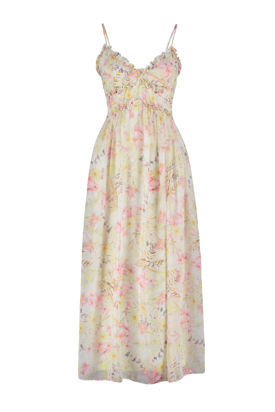 Floral Patterned A-Line Ruffle Detailed Lined Chiffon Maxi Woven Dress TWOSS23EL02013