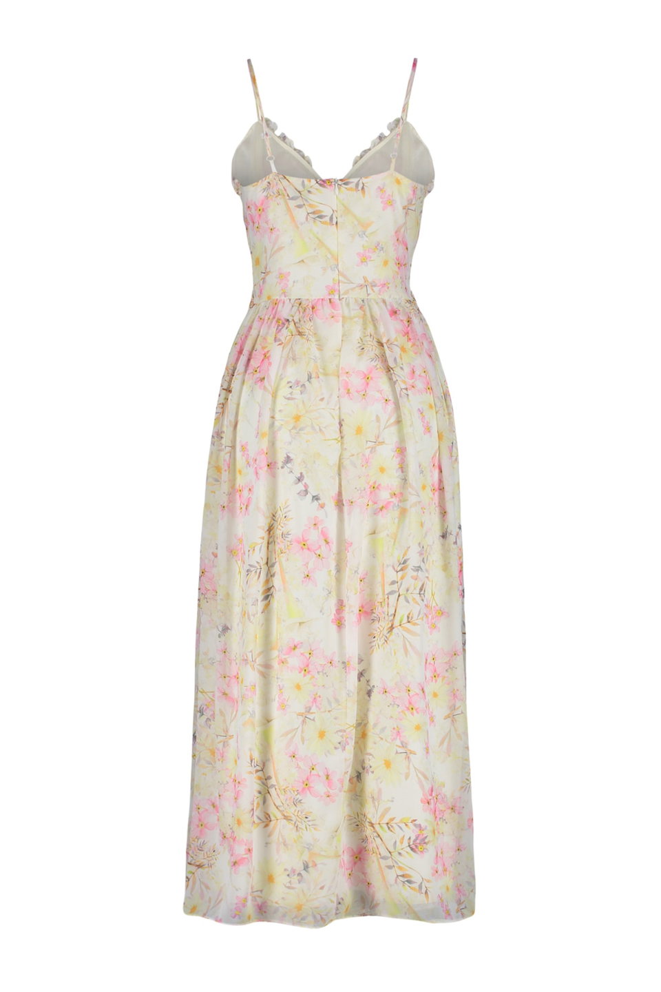 Floral Patterned A-Line Ruffle Detailed Lined Chiffon Maxi Woven Dress TWOSS23EL02013