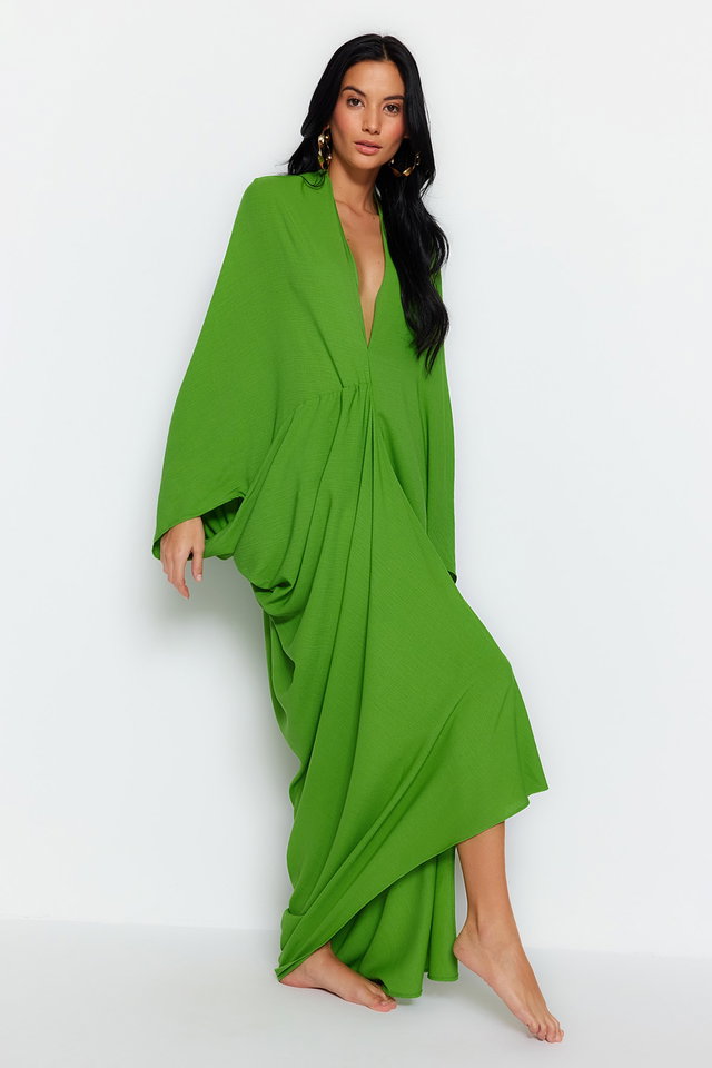 Khaki - Khaki Wide Fit Maxi Woven Gathered Beach Dress TBESS23EL00274