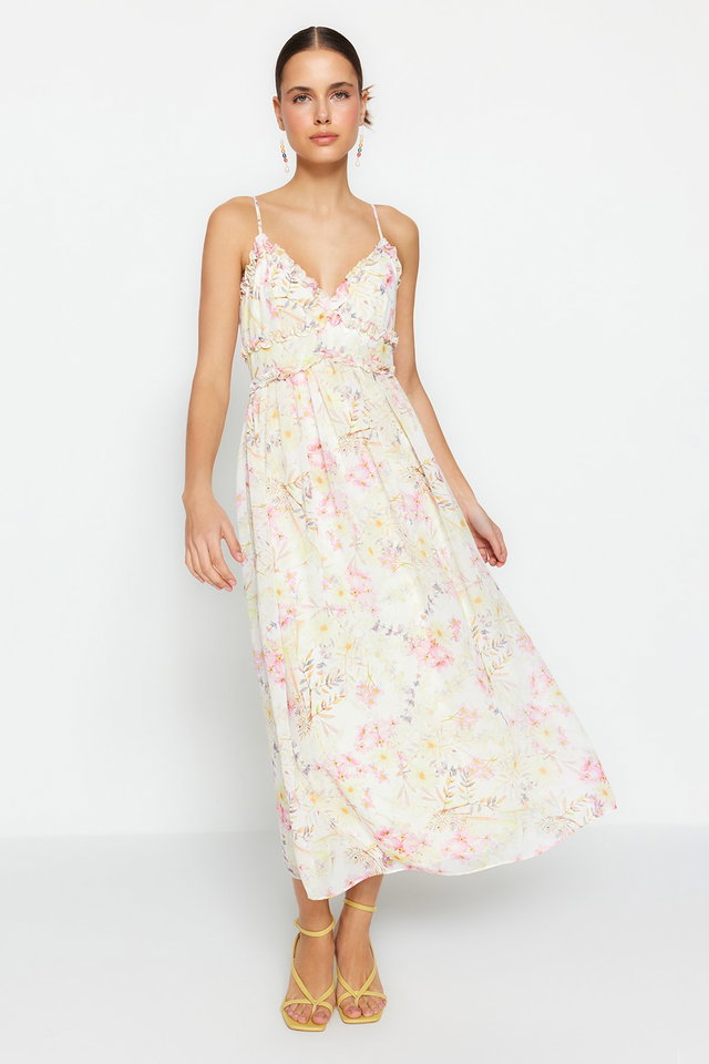 ecru - White Floral Patterned A-Line Ruffle Detailed Lined Chiffon Maxi Woven Dress TWOSS23EL02013
