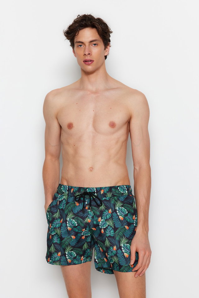Green - Green Tropical Printed Standard Size Swimsuit Swim Shorts TMNSS21DS0013