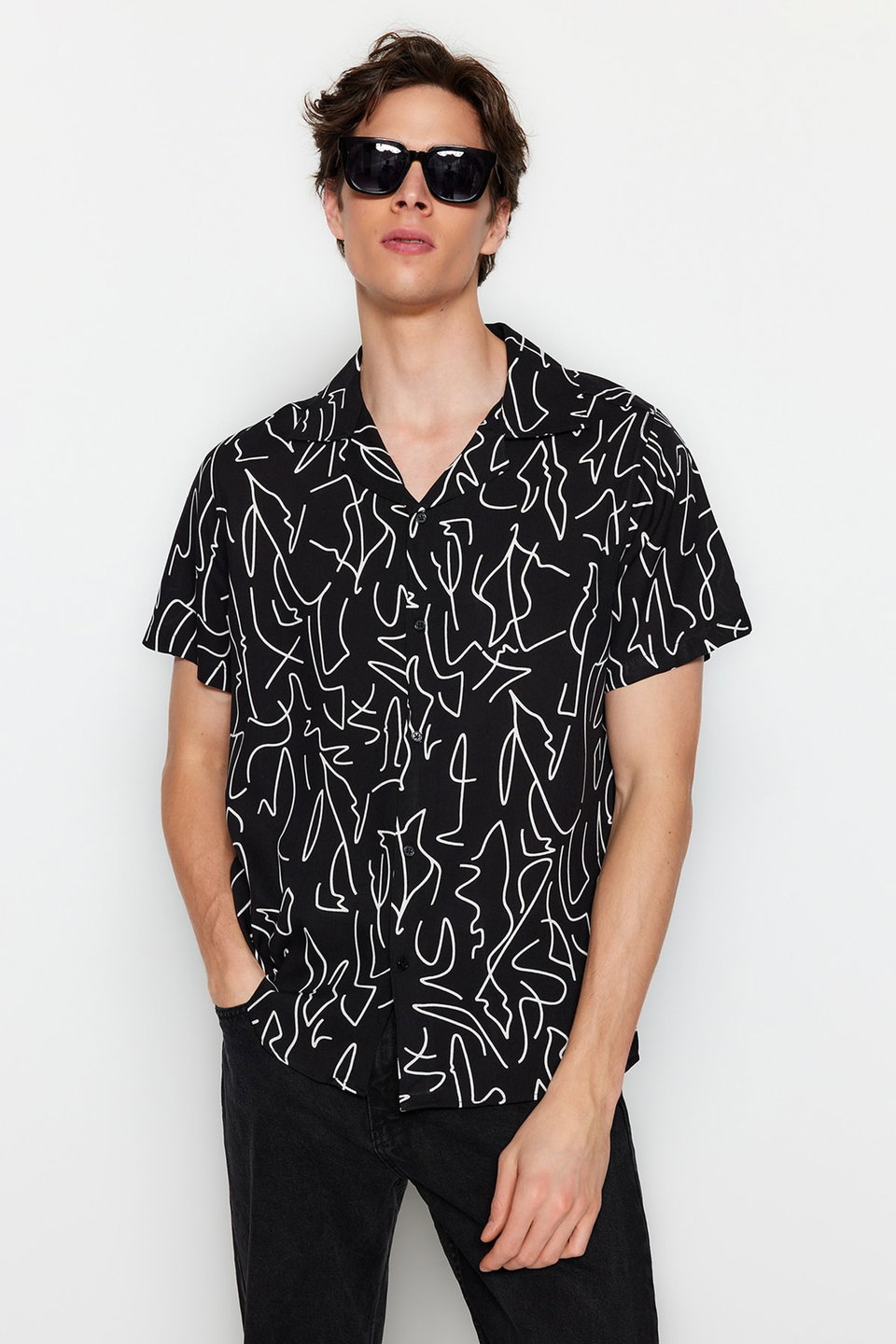 Regular Fit Open Collar Short Sleeve Flowy Geometric Summer Shirt TMNSS20GO0577