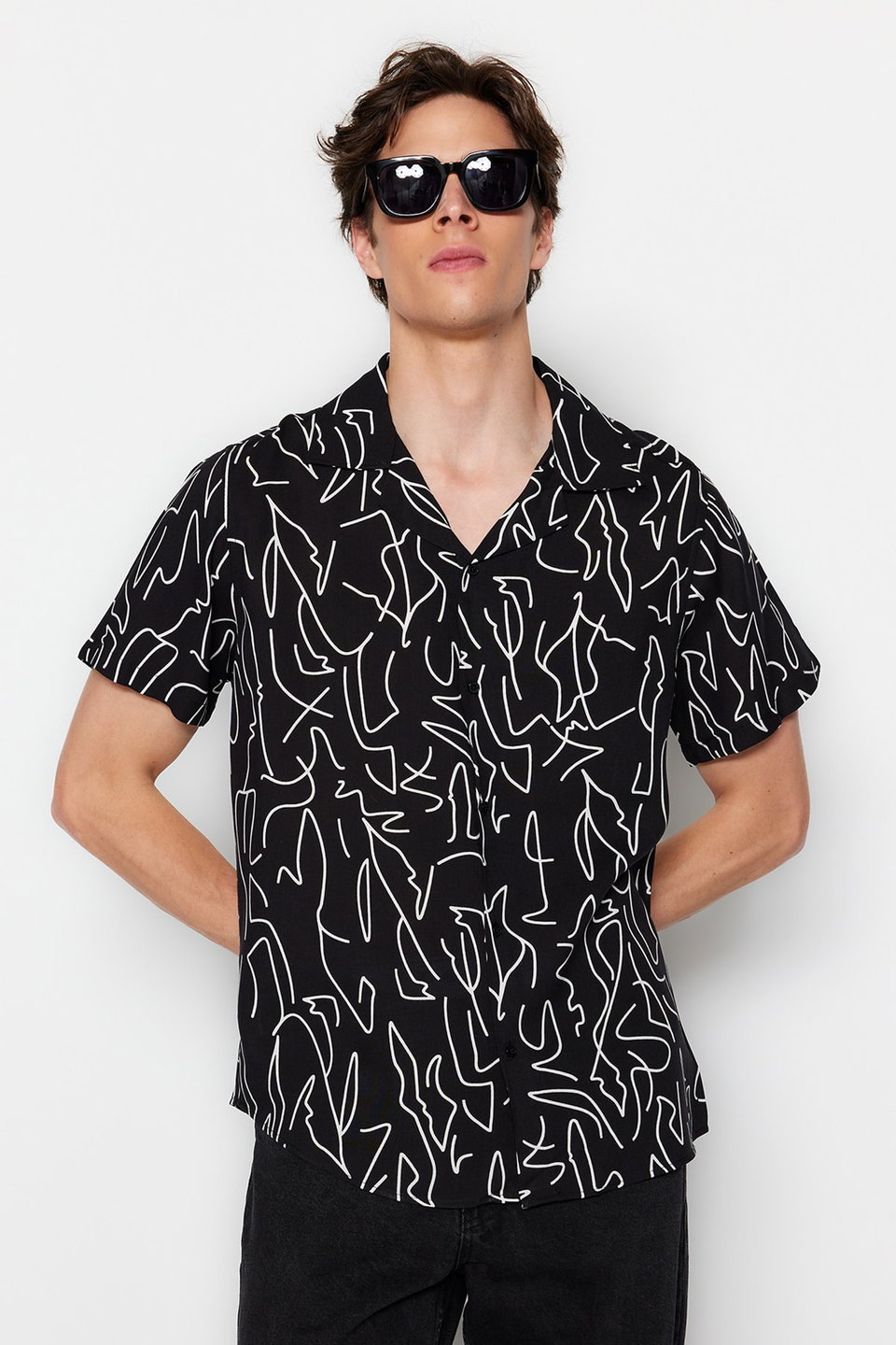 Regular Fit Open Collar Short Sleeve Flowy Geometric Summer Shirt TMNSS20GO0577