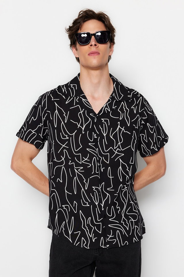 Black - Black Regular Fit Open Collar Short Sleeve Flowy Geometric Summer Shirt TMNSS20GO0577