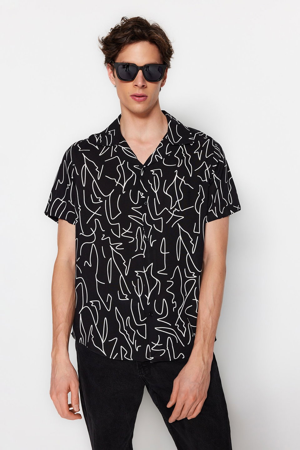 Regular Fit Open Collar Short Sleeve Flowy Geometric Summer Shirt TMNSS20GO0577