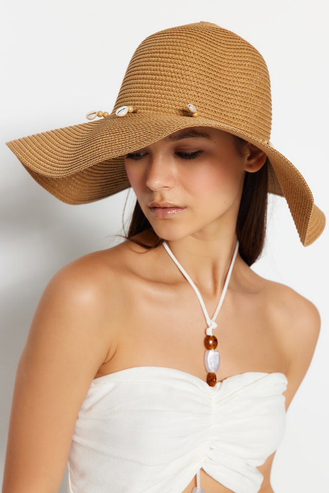 camel - Camel Shell Detail Straw Hat for Women TWOSS23SP00011