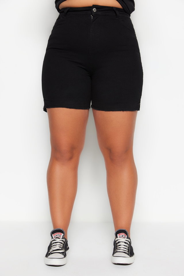 Black - Black High Waist Flexible Skinny Denim Shorts & Bermuda TBBSS23AP0009 with Side Slits.