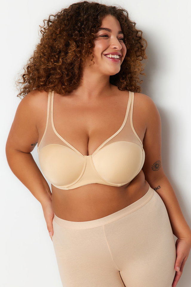 Skin - Ecru Fixed Cup Underwire Mesh Detailed Gathering Ironable Plus Size Bra Tbbaw23Cw00004