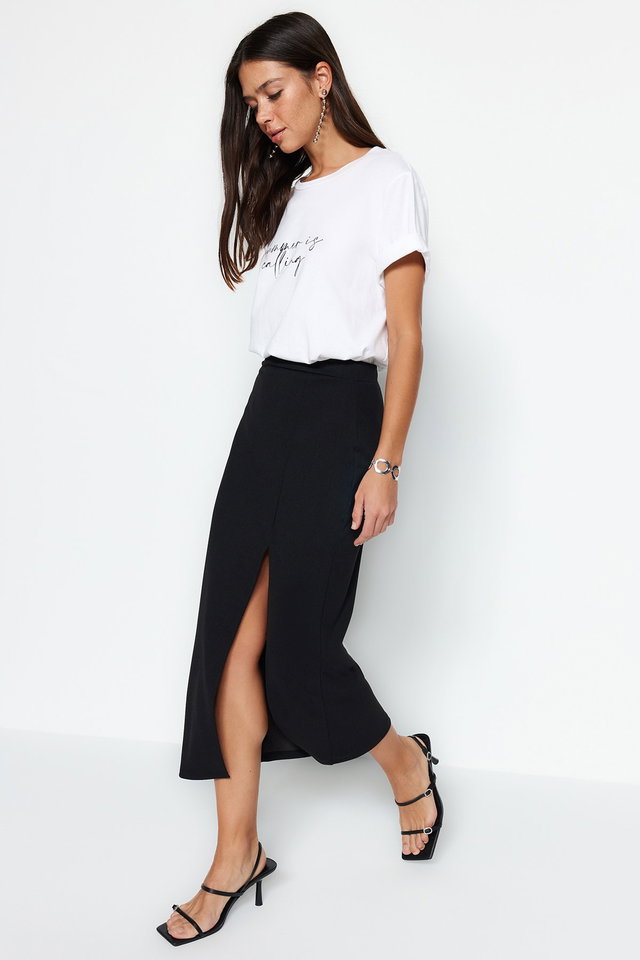 Black - Black Smart Crepe Slit Detailed Maxi High Waist Stretchy Knitted Skirt TWOSS23ET00351