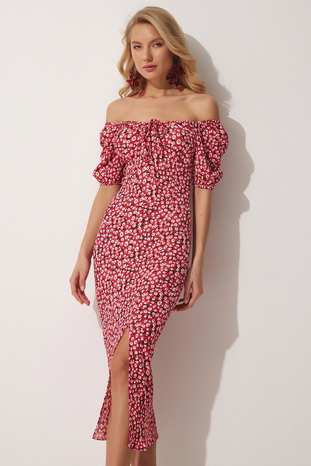 Dark pink - Women's Black Carmen Collar Slit Summer Knitted Dress FF00113