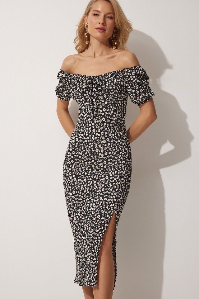 Black - Women's Black Carmen Collar Slit Summer Knitted Dress FF00113