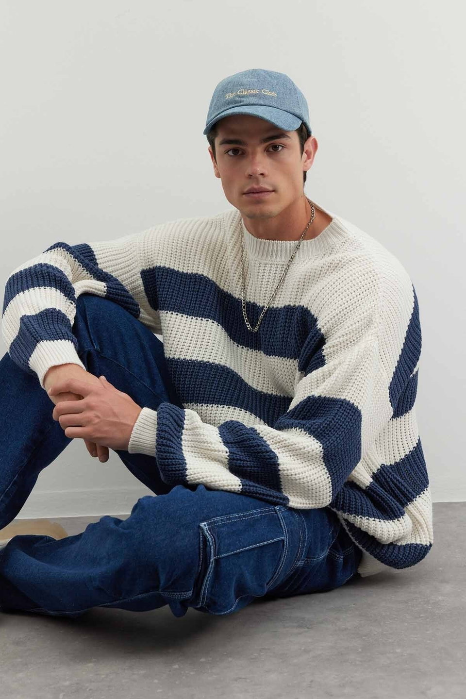 Camel Casual Oversize Fit Wide Pattern Crew Neck Striped Knitwear Sweater TMNAW23KZ00106